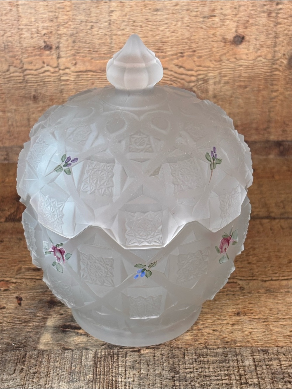 Vtg Westmoreland Frosted Satin Glass Old Quilt Candy Dish Hand Painted Flowers